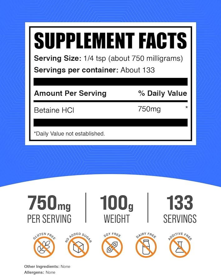 BulkSupplements.com Betaine HCl Powder - Betaine Hydrochloride Supplement, Digestive Support - Gluten Free, 750mg per Serving, 100g (3.5 oz) (Pack of 1)