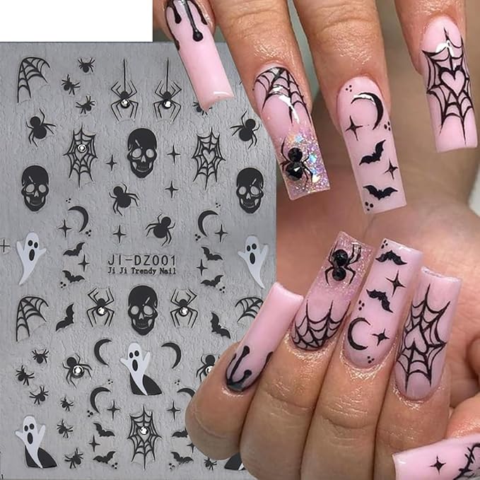 Halloween Nail Stickers for Nail Art - 6 Sheets Pink White Ghost Spider Web 3D Self-Adhesive Design With Rhinestones Charms