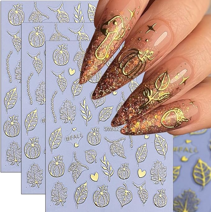 Halloween Nail Stickers 3D Spider Web Pumpkin Nail Artl Stickers Fall Thanksgiving Maple Leaves Nail Decals Self Adhesive Cobweb Design Sticker Holiday Nail Art Decoration for Women Accessories