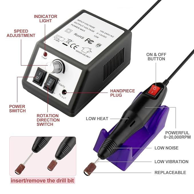 Professional Electric Nail Drill Machine Nails File Manicure Pedicure Set for Acrylic Gel Dip Powder Art Shape Remover Tool Polisher Grinder Low Noise with 6 Drill Bits 156pcs Sanding Bands (Black)