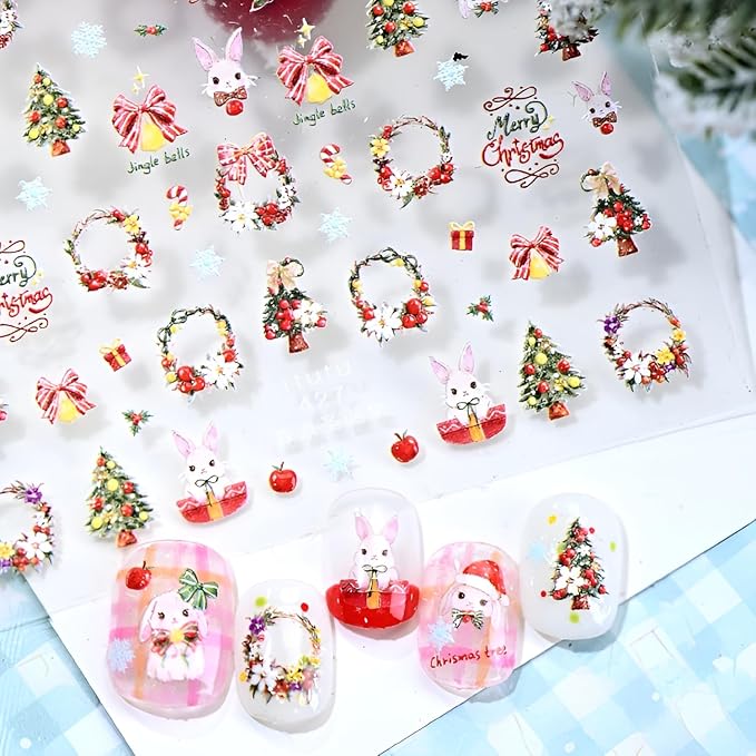 Christmas Nail Stickers for Nails Art Gold Nail Stickers Christmas Tree 5D Self-Adhesive Bow Nail Decals Winter Nails Art Cute Rabbit Nails Design Decoration Accessories for Women and Girls
