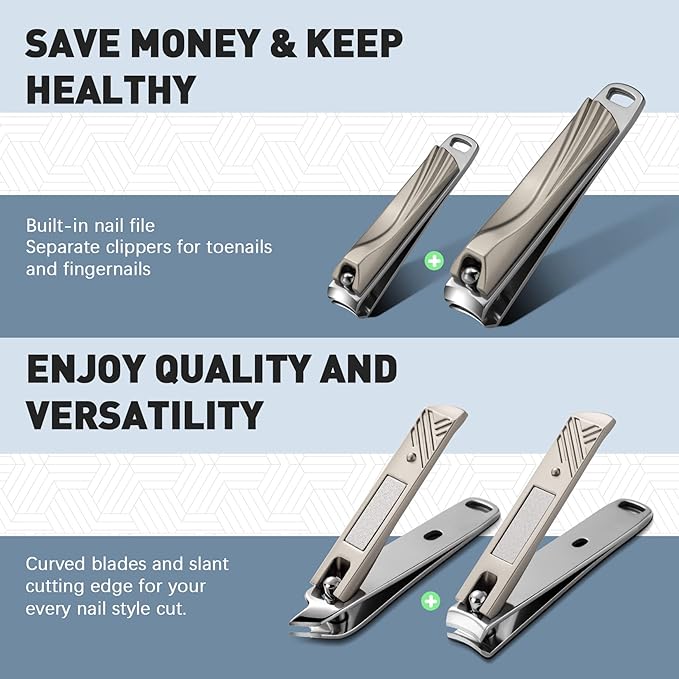 BEZOX Nail Clipper, 3PCS Set Fingernail Clippers – 2 Curved Blades and 1 Slant Cutting Edge Toenail Cutter Nail Trimmer