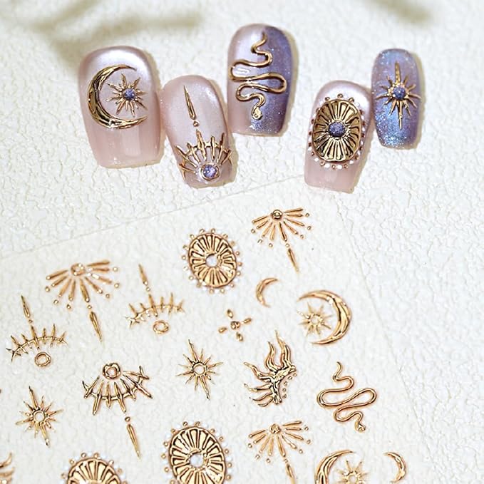 1 Sheets Embossed Gold Nail Stickers for Nail Art 5D Self Adhesive Design Gold Flame Snake Nails Decals Star Nail Art Stickers Bronzing Sun Moon Star Nails Supplies for Women DIY Manicure