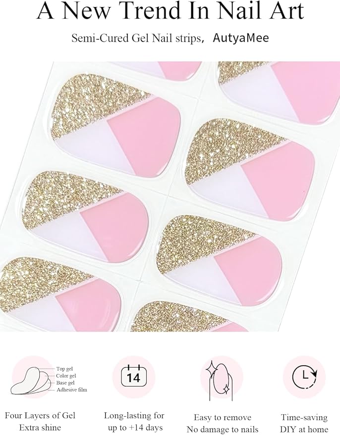 Semi Cured Gel Nail Strips (Gold Glitter French), White, 30 Pcs Gel Nail Wraps, Stickers, UV Light Required