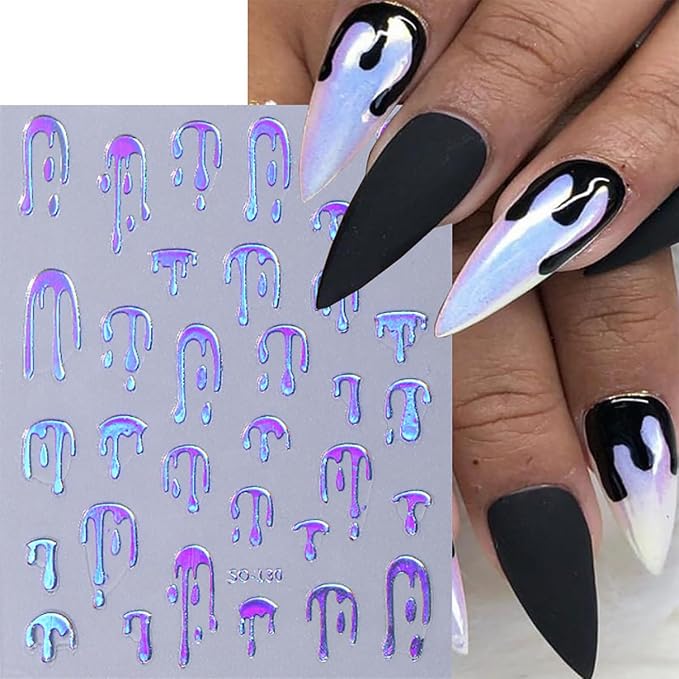 8Sheets Halloween Nail Art Stickers - Gold Water Drop Fluorescence Design, Glossy 3D Self-Adhesive Supplies for Women's Manicure and French Nails