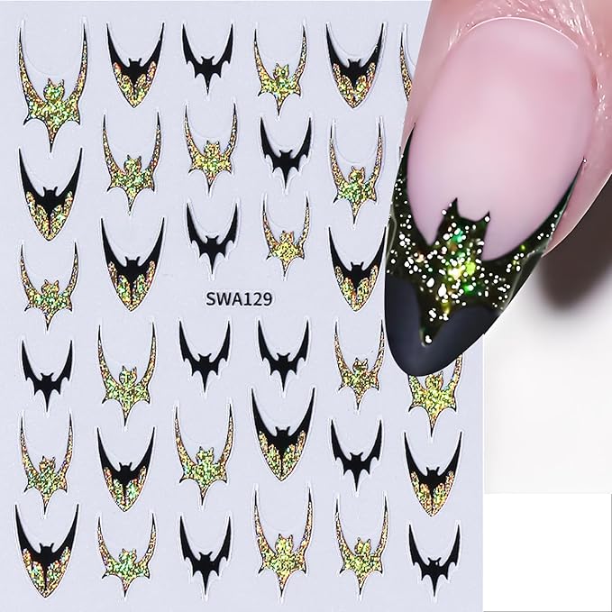 Halloween Nail Art Stickers, Glitter Dark Bat Nail Decals 3D Self-Adhesive with Sparkle Gold Sparkle Silver Bat Design 4PCS Halloween Nail Art Supplies for Women