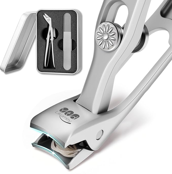 YTD Likomey Angled Head Wide Jaw Opening Nail Clippers,Long Handled Toenail Clippers for Thick Nails,Ultra-Sharp Fingernail Clipper with Catcher,Nail Cutter with Nano Glass Nail File Set for Seniors