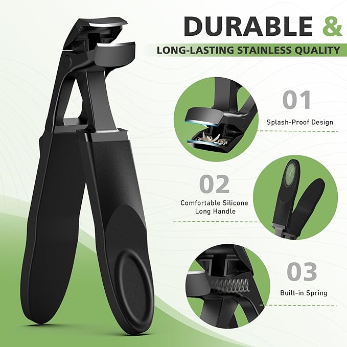 Baluca Angled Head Large Toe Nail Clippers for Men with Wide Jaw Opening, Sharp Heavy Duty Fingernail Clipper Cutter with Catcher - Black