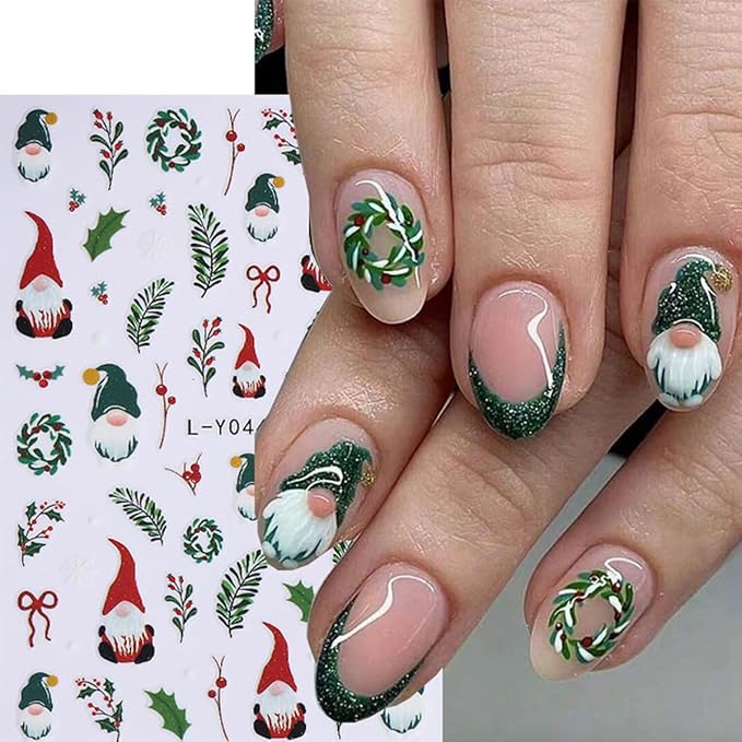 6 Sheets Christmas Nail Stickers 5D Embossed Holly Nail Art Stickers Snowflake Xmas Tree Santa Claus Candy Cane Designs Colorful Light String Nail Decals for Women DIY Acrylic Manicure Decoration