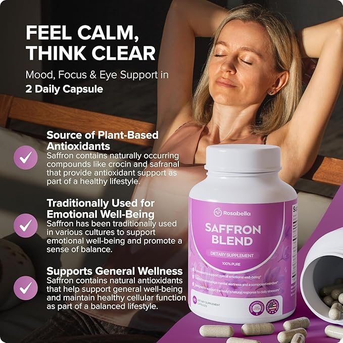 Rosabella Saffron Blend Supplement for Men & Women – Saffron, B6, Magnesium & Herbal Extract Capsules – Supports Mood, Focus & Clarity – Non-GMO, Gluten-Free – 180 Capsules – 90-Day Supply