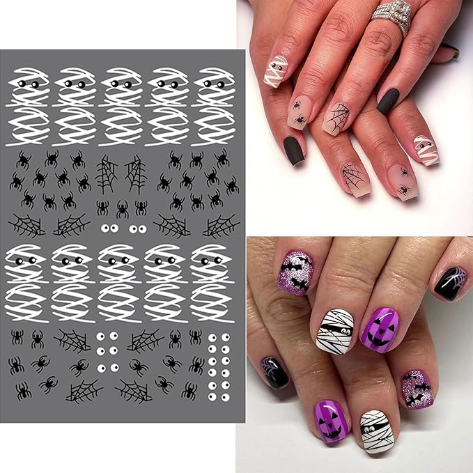 12 Sheets Halloween Nail Stickers Ghost Mummy Pumpkin Nail Decals Spider Bat Skull Designs Nail Decorations Halloween Cute DIY 3D Self-Adhesive Manicure Supplies for Women Girls