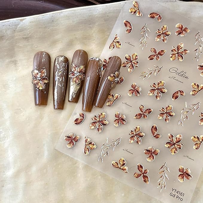 1Sheet Devil Flower Nail Art Stickers 5D Embossed Brown Flowers Designs Nail Decals for Acrylic Nails Self-Adhesive Cute Floral Nail Stickers Shiny Leaf Nail Decal for Women Nails Decor Accessories