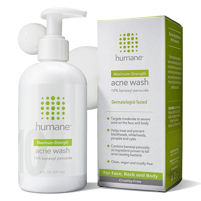 humane Benzoyl Peroxide Acne Body Wash - 10% Maximum-Strength Face, Skin, Butt, and Back Acne Treatment - 8 Fl Oz - Dermatologist-Tested Non-Foaming Acne Face Wash Cleanser - Vegan, Cruelty-Free