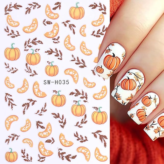 Pumpkin Nail Art Stickers Fall Maple Leaf Nail Decals 6 Sheets 3D Self-Adhesive Maple Leaves Pumpkin Nail Design Nail Art Supplies Fall Stickers for Nails Women DIY Manicure Decorations Accessories
