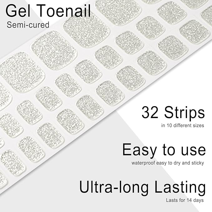 Semi Cured Gel Toenail Strips, 32 Glitter Silver Gel Toenail Stickers - Works with Any UV Lamps Pedicure Strips Full Nail Wraps with Nail File & Wood Stick
