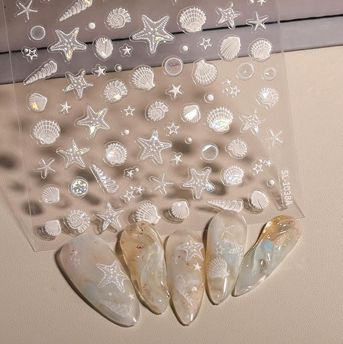 Summer Ocean Style 5D Embossed Dream Shell Starfish Jellyfish Beach Nail Stickers - DIY Nail Art Decorations for Summer Vacation A Set of 3 Sheets