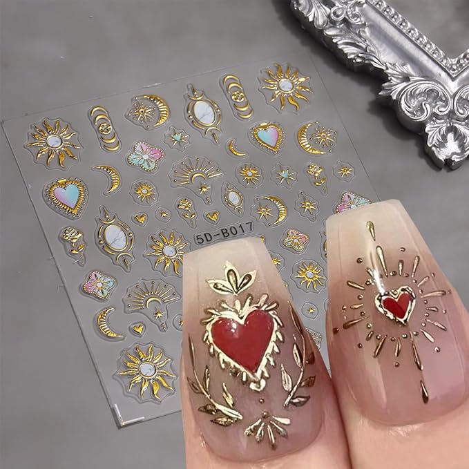 Stars Sun Moon Nail Art Stickers Decals 3D Self Adhesive Gold Stars Sun Moon Nail Stickers Nail Design Stickers Women Manicure Supplies DIY Sticker French Tips Nails Decals for Salon