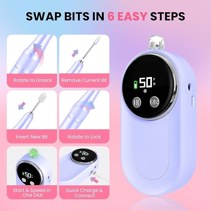 Professional Nail Drill, 50000RPM High-Performance Rechargeable Electric Nail File for Fast Acrylic/Gel Removal & Shaping, E File with Bits & Anti-Slip Pad for Home & Salon Use, Perfect Gift