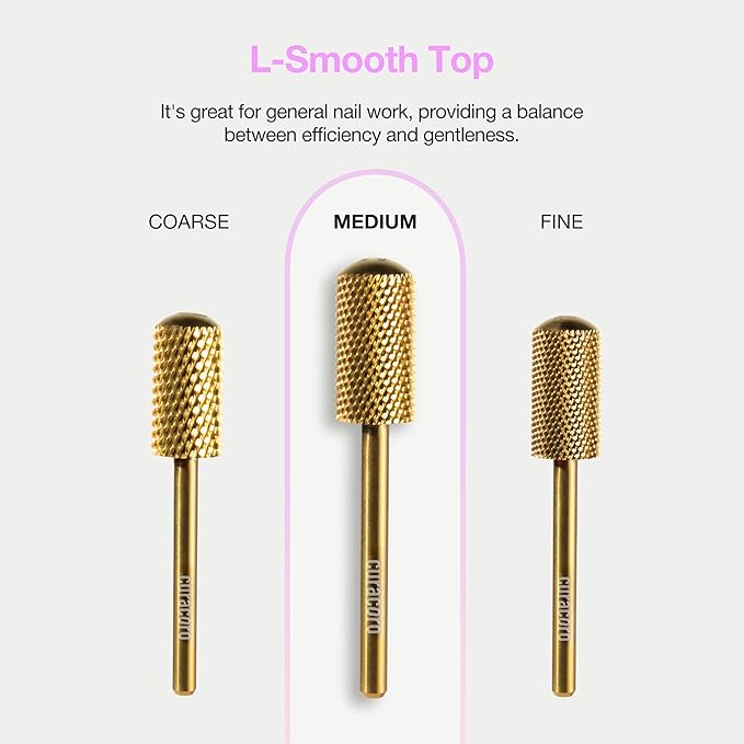 Curacoro Nail Drill Bits 3/32'' - L-Shaped Smooth Stop Barrel Carbide Bit (Medium) for Professional Finish, Refine & Smooth Acrylic or Gel Nails, Nail Art Pedicure Manicure Salon & Home