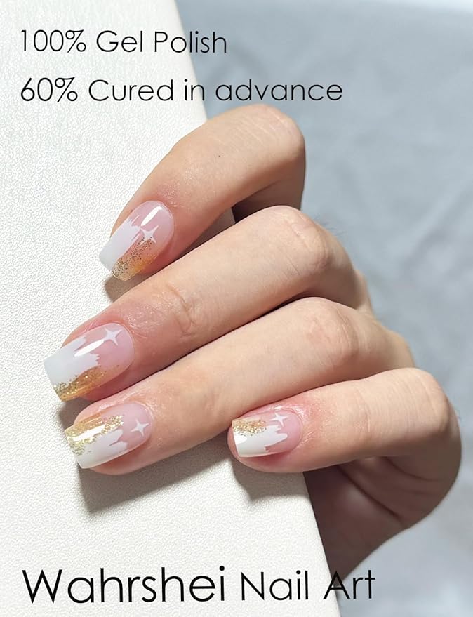 Semi Cured Gel Nail Wraps, 20pcs UV Nail Stickers - White & Glitter
