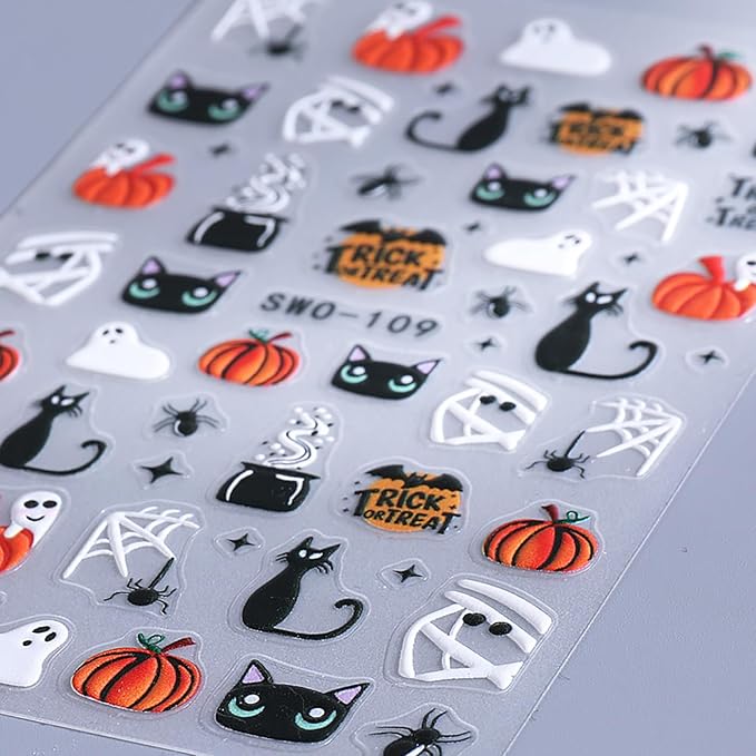 Halloween Nail Art Stickers, Cute Ghost Nail Art Decals 3D Self-Adhesive Skull Pumpkin Black Cat Flower Nail Design 4Pcs Halloween Nail Art Supplies for Women Nail Decoration