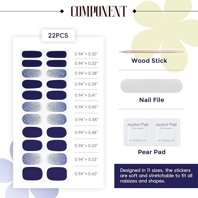 Gloss Nail Strips|Uv Free|22 Pcs,Gel Nail Stickers|Long Lasting Two Weeks and Easy to Apply&Remove|Dazzle Blue