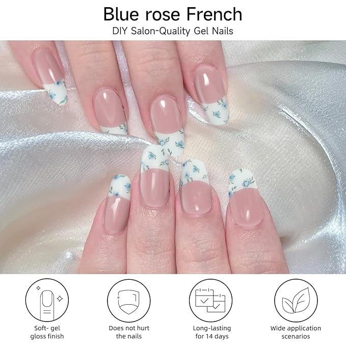 Semi Cured Gel Nail Strips, Blue Rose | 28 pcs Gel Nail Strips Work with Any UV Lamp, Salon Quality UV Nails Stickers, Easy to Apply for Home Nails DIY