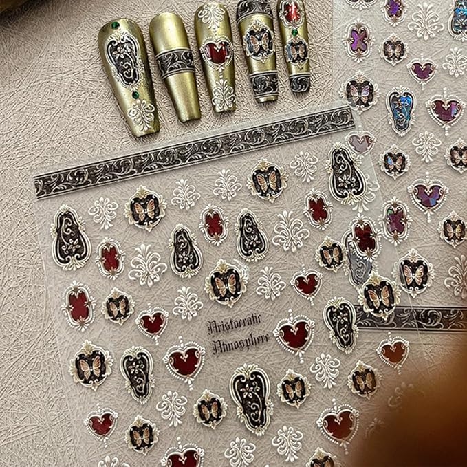 1 Sheets Sliver Nail Stickers for Nail Art, Boho Embossed Jelly Self-Adhesive Butterfly Heart Nail Decals, Nail Supplies Nail Art Designs Accessories for Women and Girls Manicure DIY Decoration