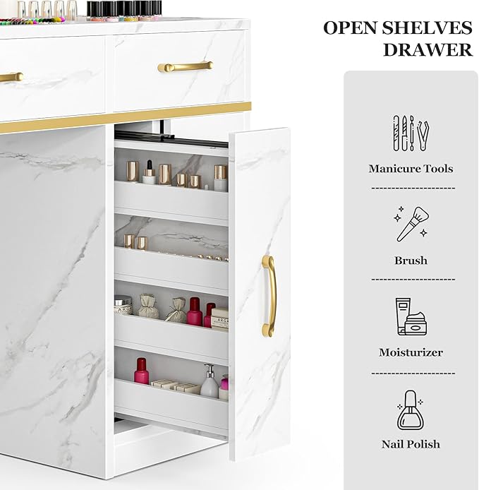 Paddie Manicure Table with Dust Collector, Glass Top Nail Tech Table Nail Desk Station w/7 Storage Drawers & 3-Tiers Open Shelves, Nail Workstation w/Wrist Cushion & Golden Handles((White Marble)
