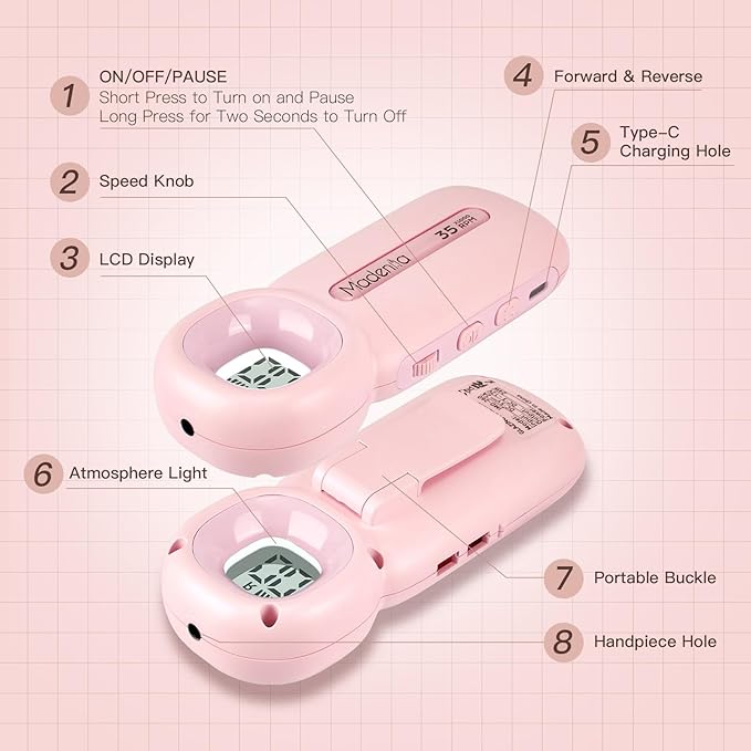 Madenia Portable Rechargeable Nail Drill Machine with LCD Screen, Professional Electric Nail File Efile for Acrylic Gel Nails Polishing Removing, Suitable for Salon Home Travel Manicure Use, Pink