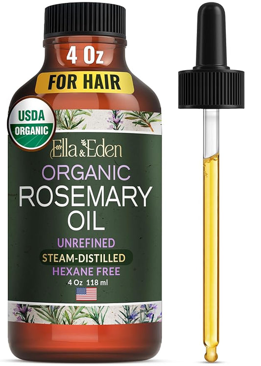 Ella & Eden Rosemary Oil for Hair 100% Pure, Steam-Distilled, Hexane-Free | USDA Certified Organic Rosemary Essential Oil for Skin Aromatherapy in a Glass Bottle, 4 Oz
