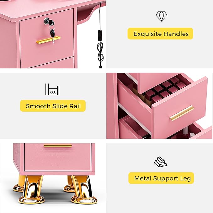 Manicure Table Nail Station w/Dust Collector - L-Shaped Nail Tech Table with Shelves, Storage Cabinets, Drawers, Metal Handles & Legs, Salon Wrist Rest, Beauty Salon Workstation Decor (Pink)