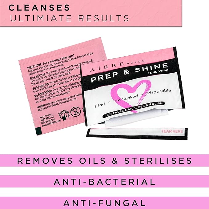 AIRRE 220 Professional Alcohol Prep & Shine Nail Wipes (3in1) Alcohol Wipes for Gel Nails, Acrylic Nails, Press-On Nails & Tips. Removes Sticky Gel Layer Residue, Preps UV/LED Gel Polish & False Nails