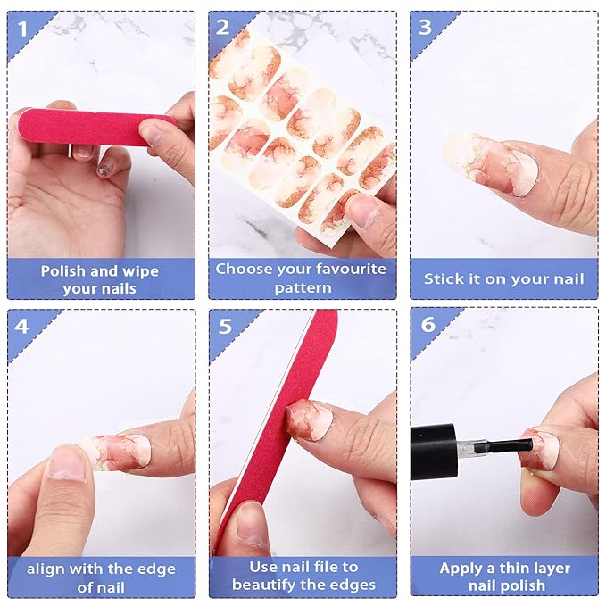 140 Pcs 10 Sheets Marble Full Wrap Nail Stickers Polish Strips Gradient Stickers Glitter Self Adhesive DIY Art Decals Strips with 2 Pcs Nail Files for Holiday Decor (Marble Style)