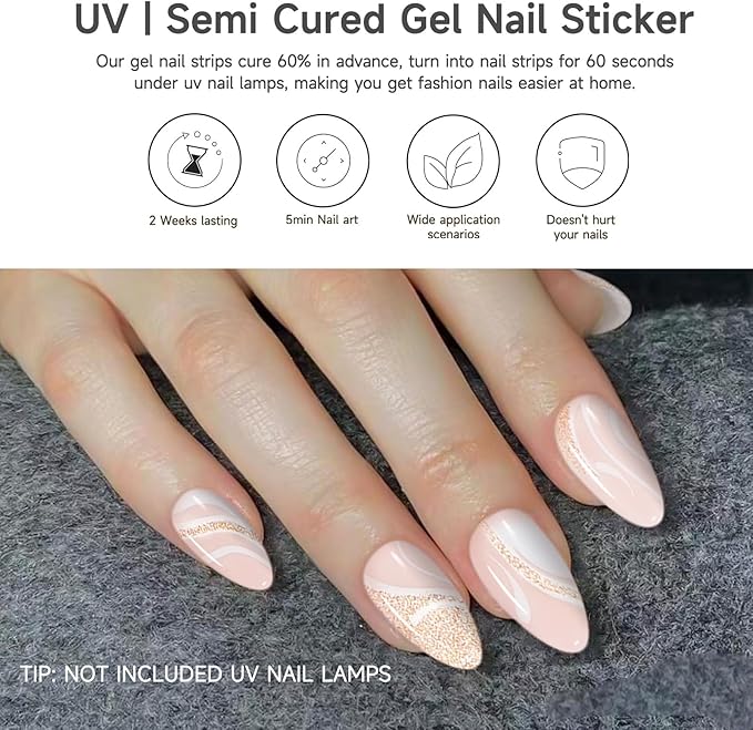 Semi Cured Gel Nail Strips | 28 pcs Gel Nails Strips Work with Any UV Lamps, Long Lasting UV Nail Stickers for Women DIY Nails Wraps(Gold Rivers)