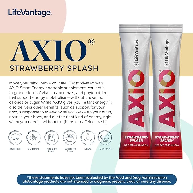 LifeVantage AXIO Regular Energy Drink Powder, Nootropic Supplement, Focus & Mood Support, with L-theanine, Green Tea, B Vitamins, DMAE, Quercetin & Pine Bark, Strawberry Splash, 30 Packets