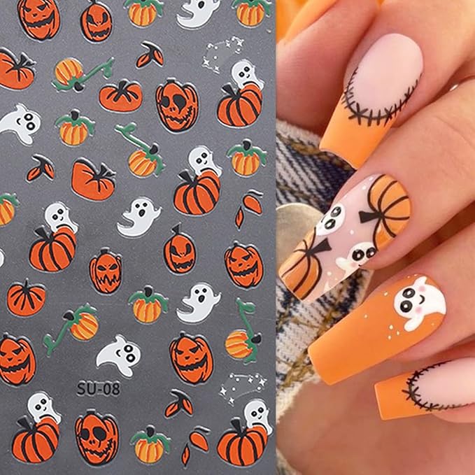 8 Sheets Halloween Nail Art Stickers Cute Ghost Spider 3D Self Adhesive Nail Stickers Gothic Pumpkin Nail Decals Gothic Skeleton Spooky Nail Design Stickers Halloween DIY Manicure Supplies