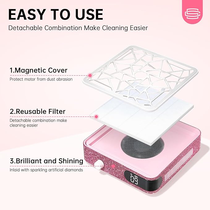 Nail Dust Collector, Powerful Vacuum Fan Vent Dust Collector Extractor Dust Suction Machine for Acrylic Nails Polishing, Nail Salon&Home, Pink Diamond