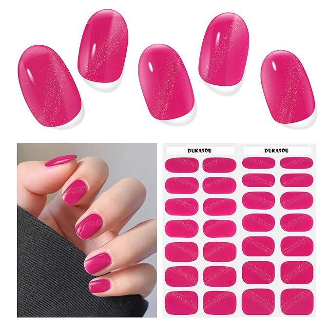 Semi Cured Gel Nail Strips,28 Pcs UV Nail Stickers for Women(cat Eye Pink),Gel Strips for UV Light Requried,Includes Prep Pads, NailFile & Wood Stick