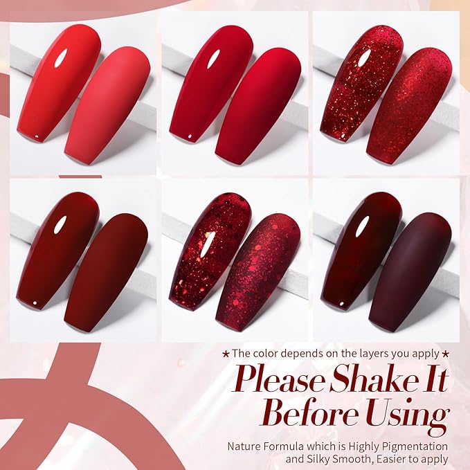 Born Pretty Red Gel Nail Polish Set 6Colors Dark Burgundy Wine Red Bloody Mary Collection Popular Shimmer Glitter Halloween Nail Gel Nails Art Design Minicure DIY Salon and Home 7ml
