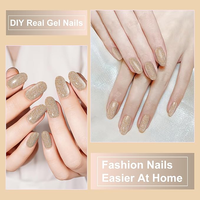 Semi Cured Gel Nail Strips,28 PCS Gold Nail Art Stickers(Shiny),Gel Stickers for Nails UV Light,Nail Polish Strips Includes Prep Pads, Nail File & Wood Stick