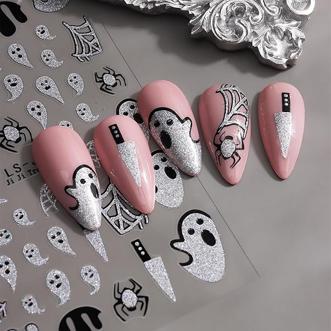 Halloween Nail Stickers Glitter Ghosts Pumpkins Spider Web Nail Decals 6PCS Self-Adhesive Halloween Nails Design Sticker Fall Nail Accessories Holiday Nail Art Supplies for Women Manicure Accessories