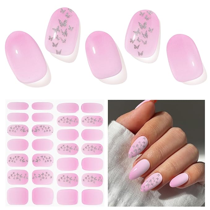Semi Cured Gel Nail Strips, Gradient Pink | 28 pcs Gel Nail Strips Work with Any UV Lamp, Salon Quality UV Nails Stickers, Easy to Apply for Home Nails DIY