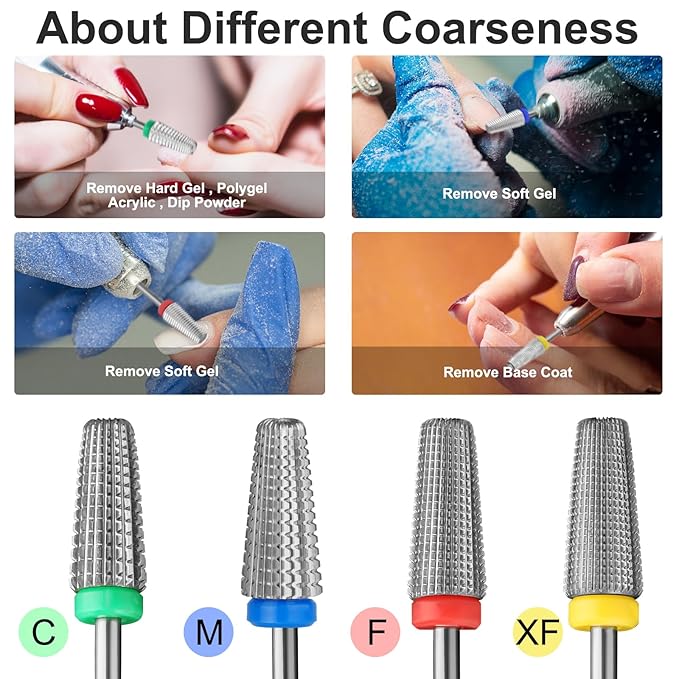 5 in 1 Nail Drill Bits 3/32" Carbide Tungsten Bit Suitable for Manicure Pedicure Cuticle Gel Polishing Fast remove Acrylic or Hard Gel Technicians Bits (Medium - M, Silver)