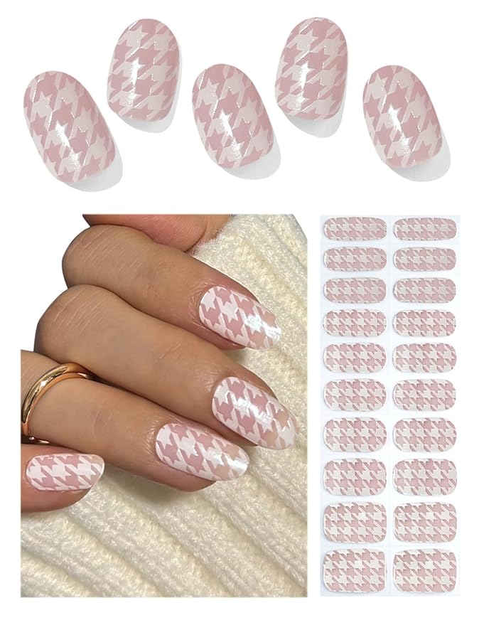 Semi Cured Gel Nail Strips, Houndstooth, Easy to Use and Remove, 20pcs Gel Nails Sticker for Home Nails DIY