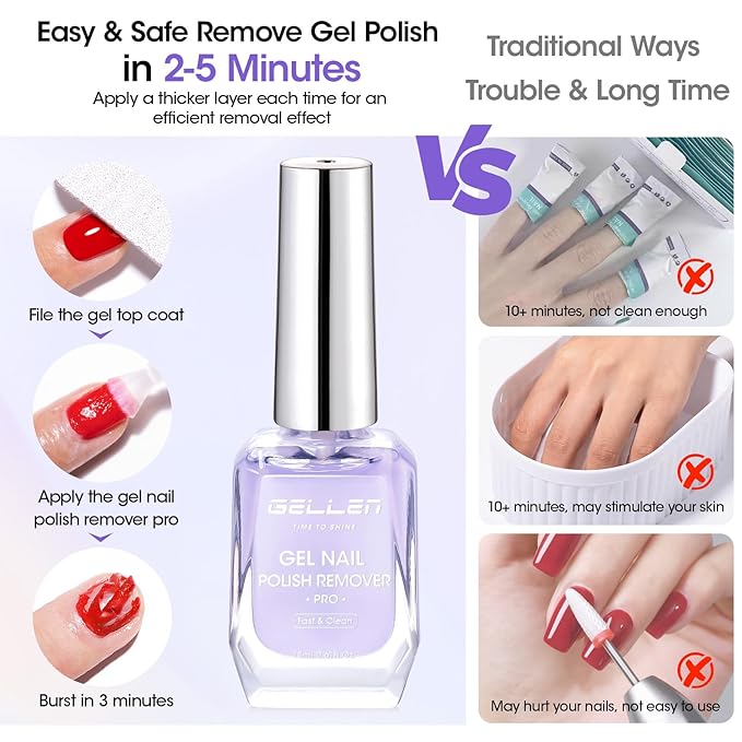 Gellen Gel Nail Polish Remover, (2pcs) Gel Polish Remover for Nails, No Need Foil, Quickly & Easy Polish Remove in 2-5 Minutes, No Need Soaking 18ml Gel Nail Remover Pro