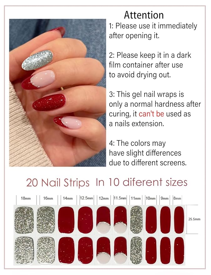 Semi Cured Gel Nail Strips, 20pcs Red Glitter Wraps Work with UV for Home Nail Art DIY, Easy to Use and Remove