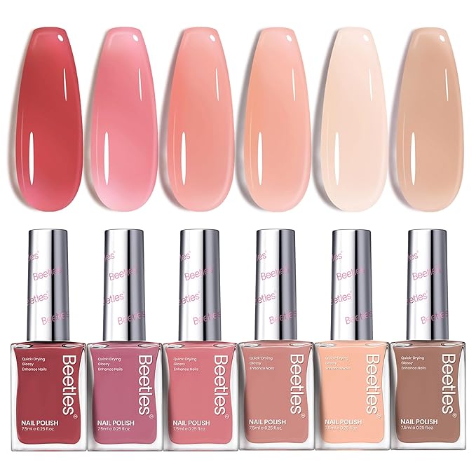 Beetles Jelly Nail Polish Set P186,6 Colors Burgundy Pink Nude Quick Dry Nail Polish Fingernail Fast Drying & Long Lasting Nail Strengthener Polish for Christmas