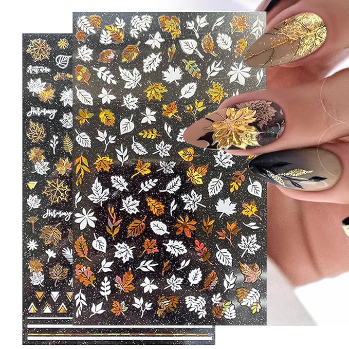 8 Sheets Fall Leaves Nail Art Stickers Gold Maple Leaf Self-Adhesive Nail Decals 3D Stickers Foil Autumn Maple Nail Designs Laser Shiny Manicure Tip Fall Nail Decorations for Thanksgiving Day Supplies