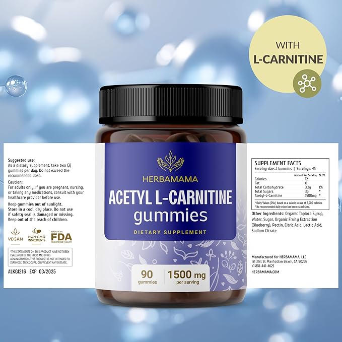 HERBAMAMA ALCAR Acetyl L-Carnitine 1500mg Gummies - L Carnitine Supplement for Energy, Focus & Brain Support - Vegan, Non-GMO - 90 Pectin-Based Blueberry-Flavored Chews